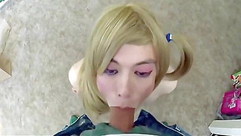 Horny blonde shemale gets fucked with a massive dildo