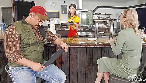 Latina waitress gets a big cock in her ass and gets a face